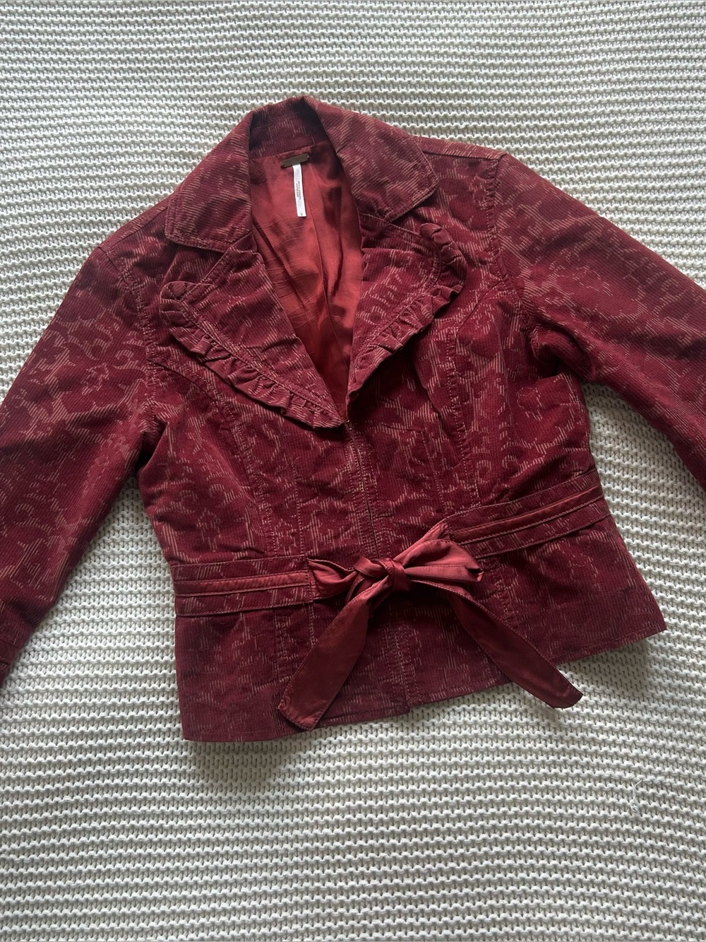 Free People Burgundy Floral-Embossed Velvet Tie-Waist Blazer Jacket Size 0